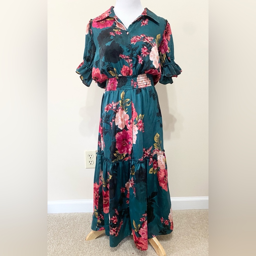 MISA Los Angeles Melvari Midi Dress Dark Green Floral